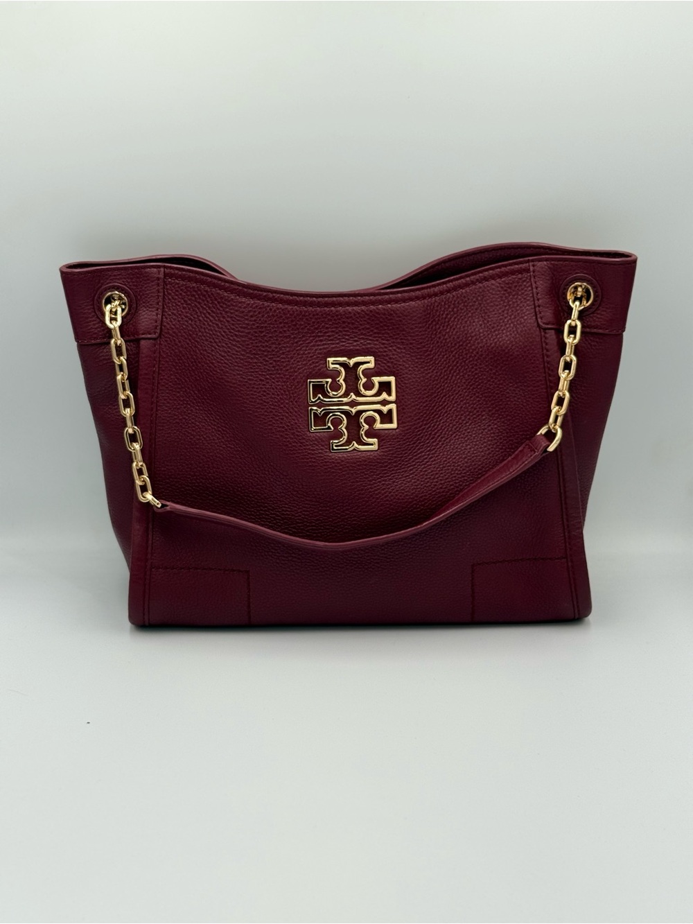 Tory Burch Britten Wine Pebbled Leather Slouchy Chain-Handle Shoulder/Crossbody